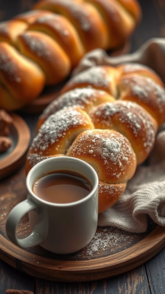 A loaf of cardamom-spiced pulla bread served with a cup of coffee.