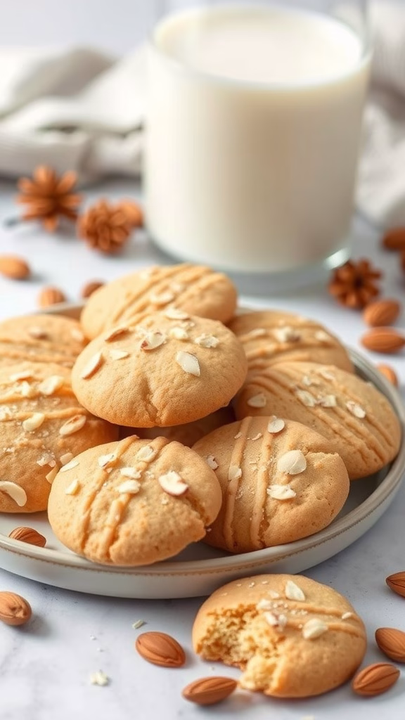 Delicious cardamom almond cookies arranged on a plate with almonds and a glass of milk