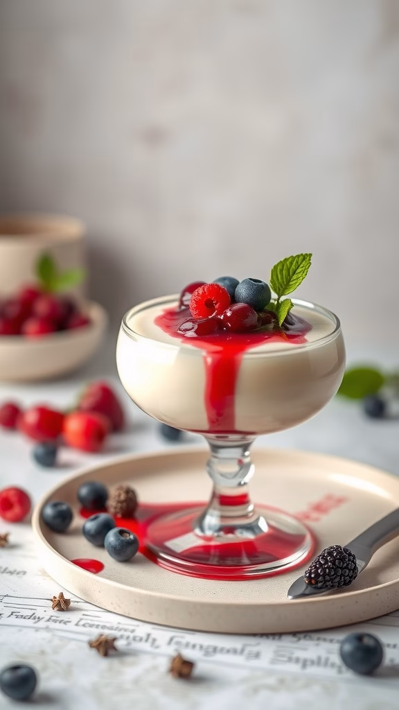 A creamy panna cotta topped with berries and a berry sauce, in a glass dessert cup.