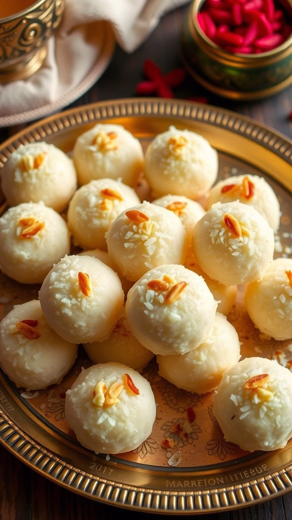 A platter of cardamom coconut ladoo, garnished with nuts, showcasing a delightful dessert.