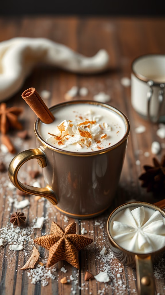 A cozy cup of cardamom coconut milk hot chocolate topped with whipped cream and garnished with spices.