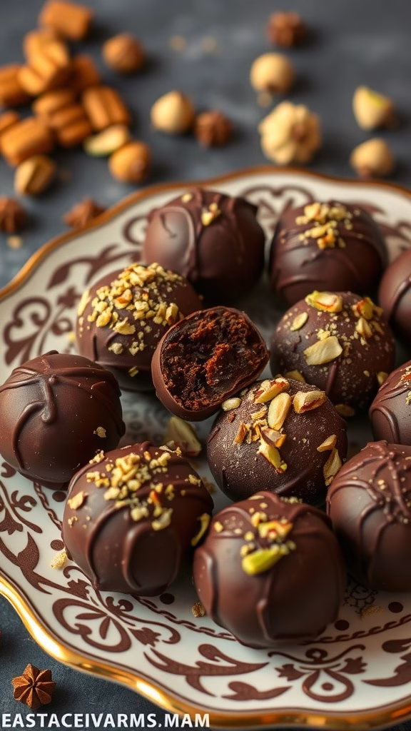 Cardamom infused chocolate truffles on a decorative plate with nuts