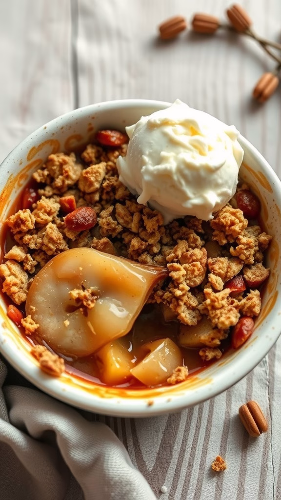 Delicious cardamom pear crumble served in a bowl with ice cream
