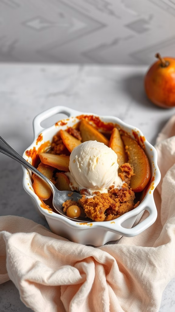 A warm Cardamom Pear Crumble served in a white dish with a scoop of vanilla ice cream on top.
