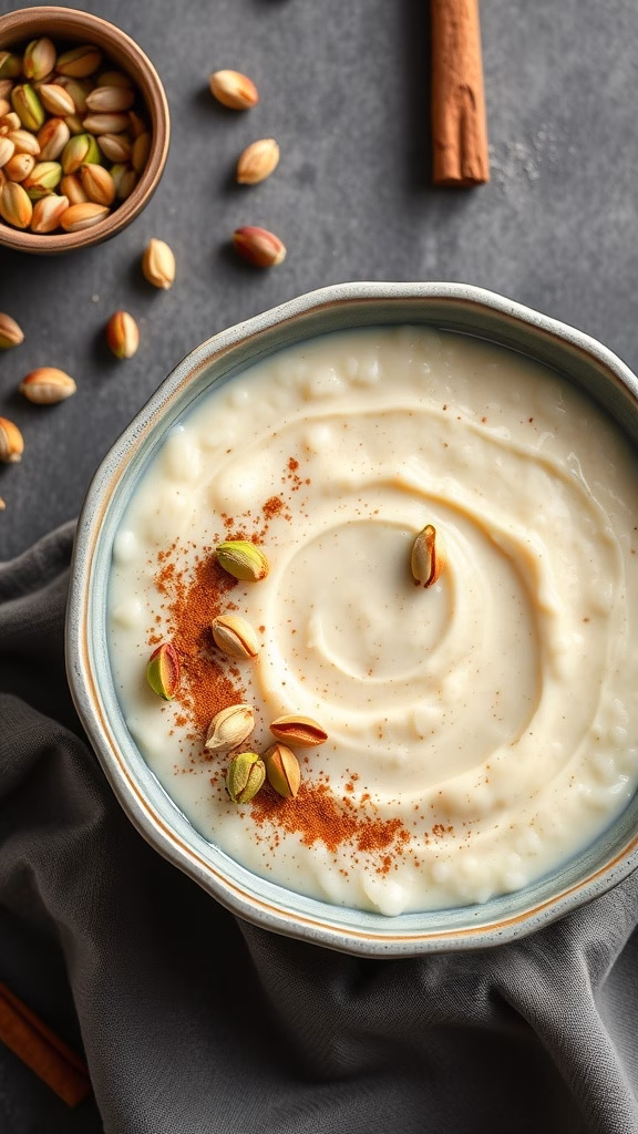 A bowl of creamy rice pudding topped with pistachios and a sprinkle of cinnamon.