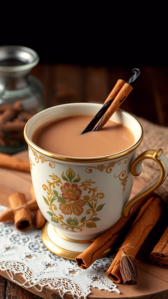 A cup of cardamom vanilla bean hot chocolate with spices