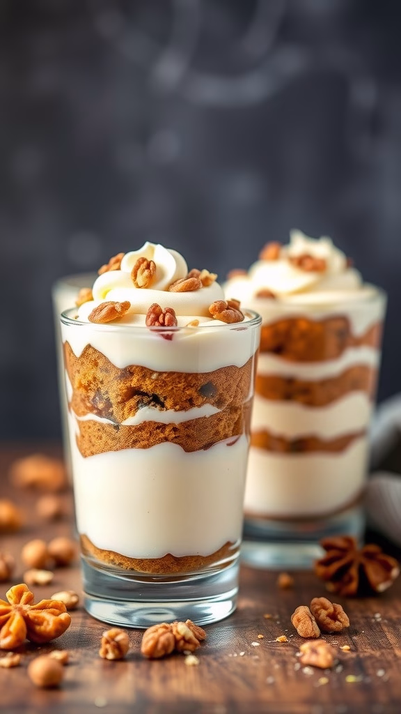 Carrot cake layered parfaits served in glasses with nuts on top