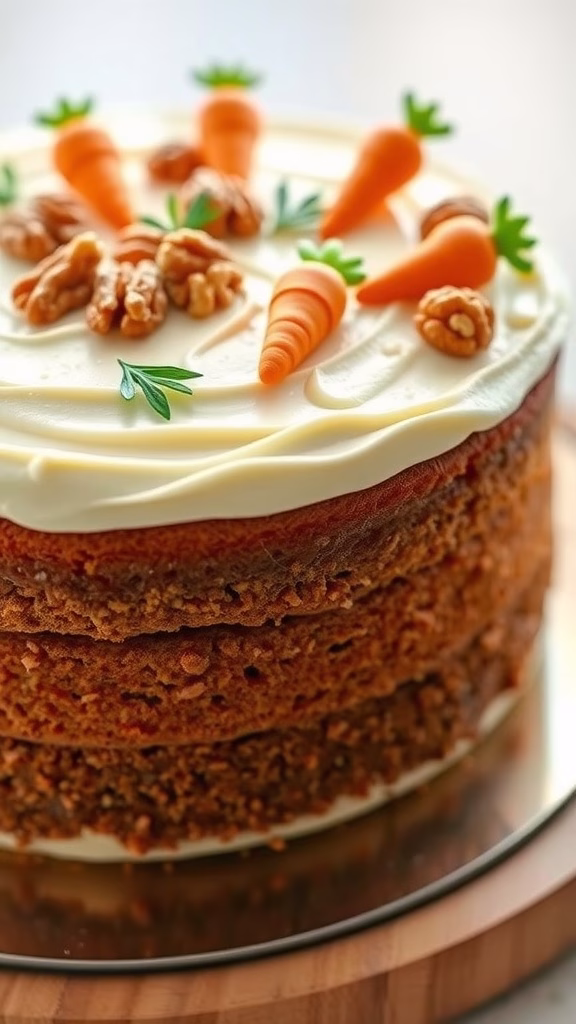 A beautifully decorated carrot cake with cream cheese frosting, topped with carrots and nuts.