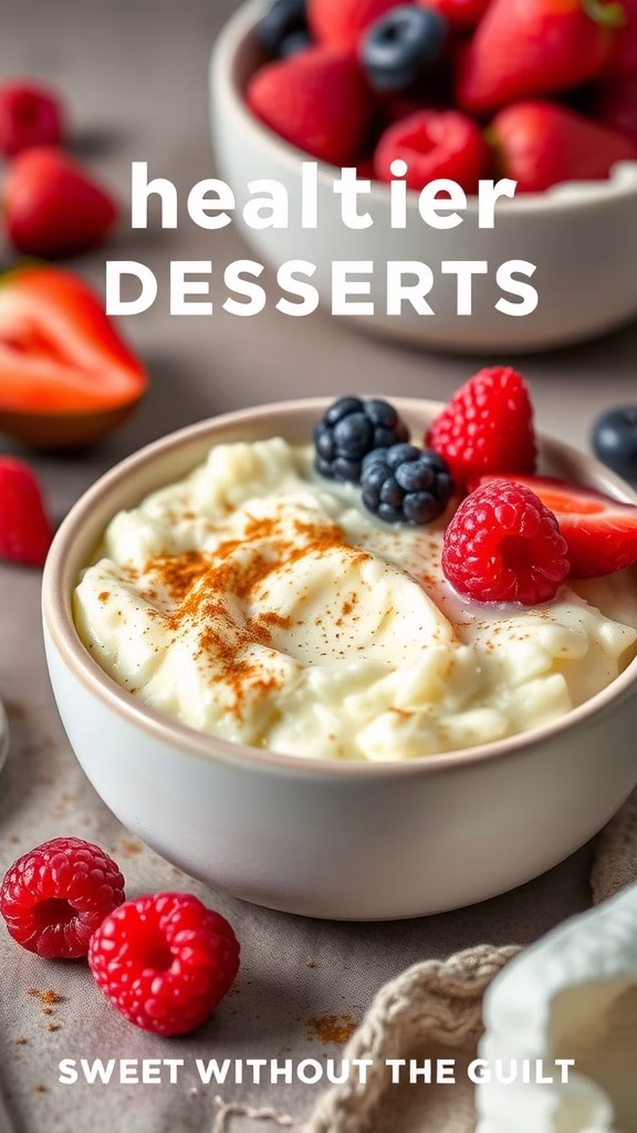 A bowl of cauliflower rice pudding topped with fresh berries, showcasing a healthy dessert.