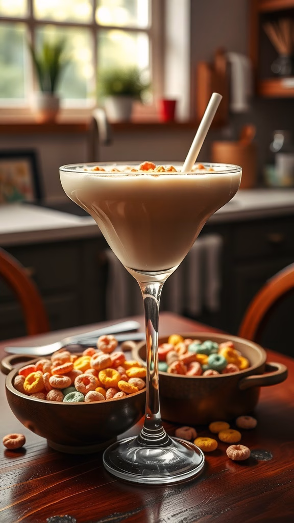 A cocktail glass filled with cereal milk, garnished with colorful cereal, next to bowls of cereal on a wooden table.
