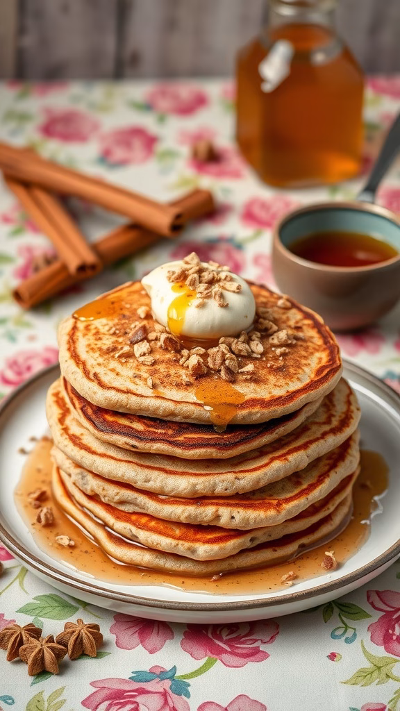 Delicious stack of chai-spiced oatmeal pancakes topped with yogurt and syrup.