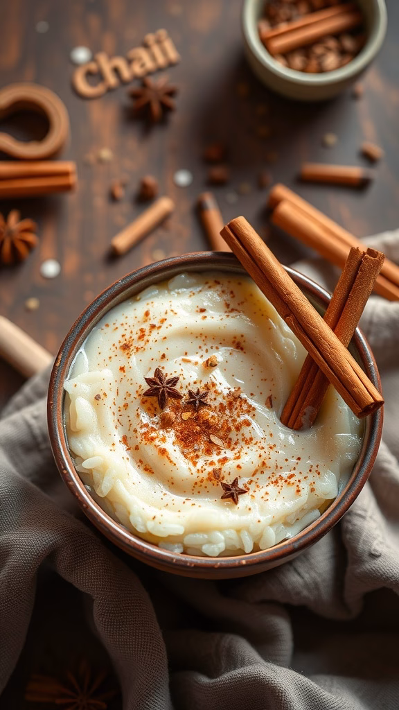 A bowl of chai-spiced rice pudding garnished with spices and cinnamon sticks.