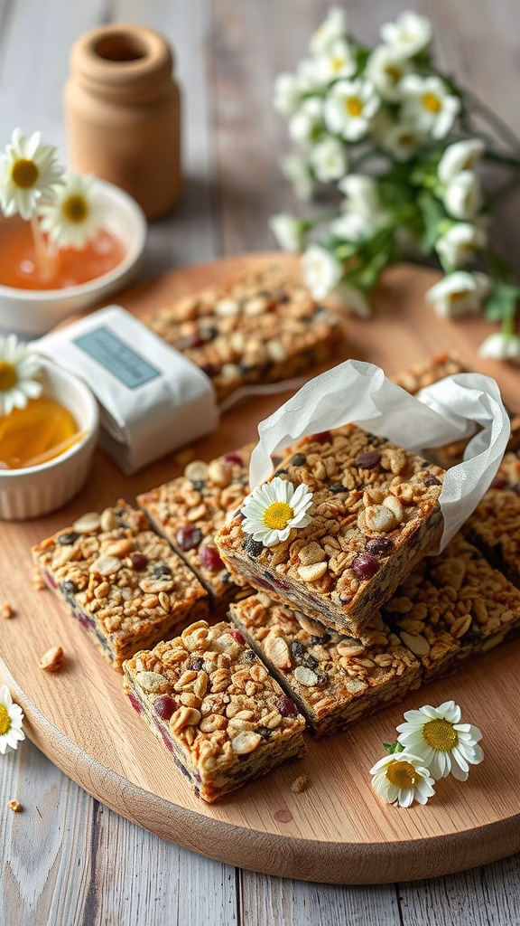 Chamomile honey granola bars with flowers and honey