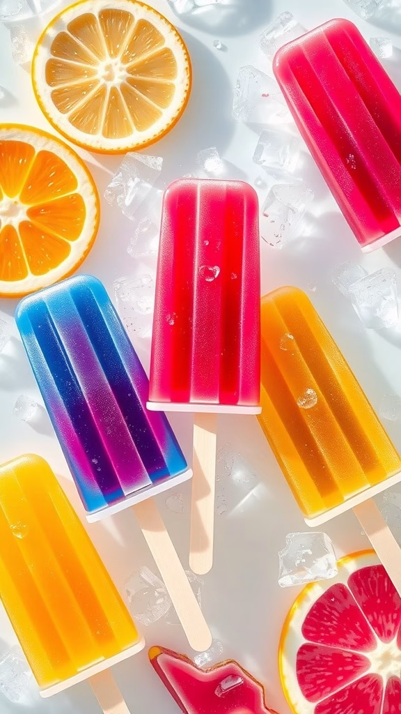 Colorful gelatin popsicles on ice with slices of citrus fruits.
