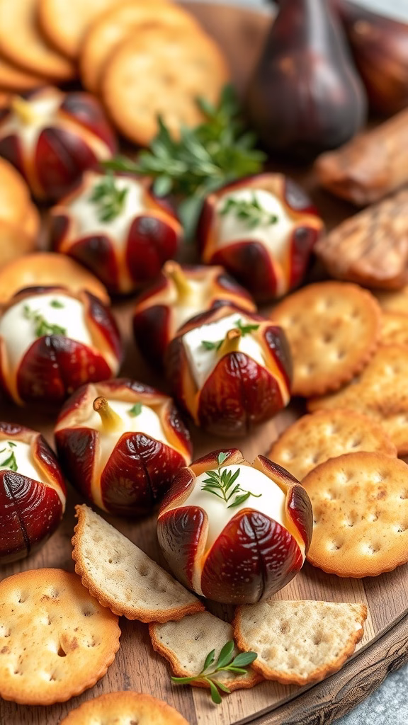 Cheese-stuffed dried figs served on a platter with crackers and garnished with herbs.