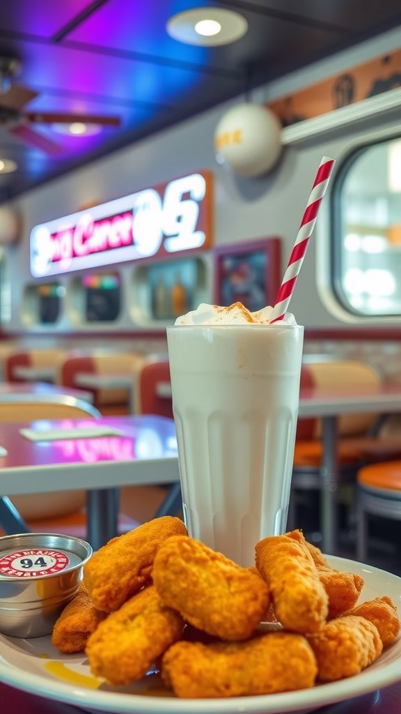 A plate of crispy cheese sticks next to a milkshake in a tall glass with a red and white straw.