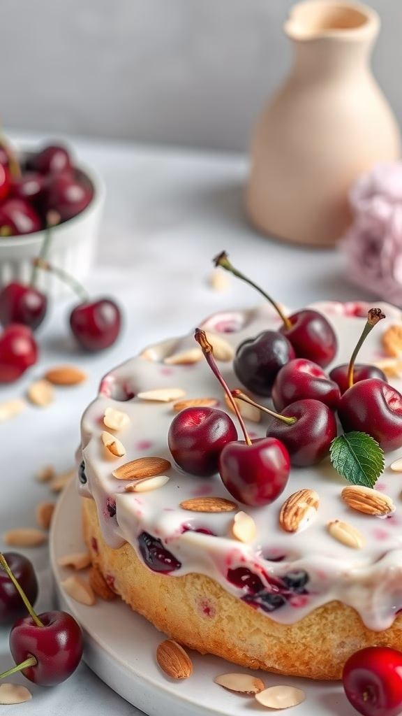 Cherry almond cake topped with fresh cherries and almonds