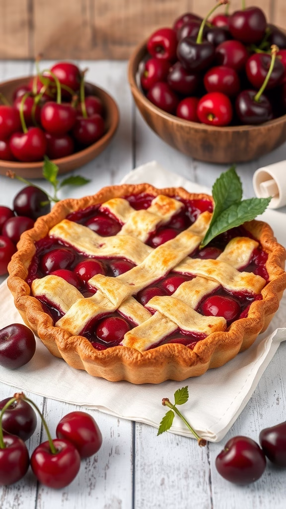 A delightful Cherry Schnitz Pie with a golden lattice crust and fresh cherries