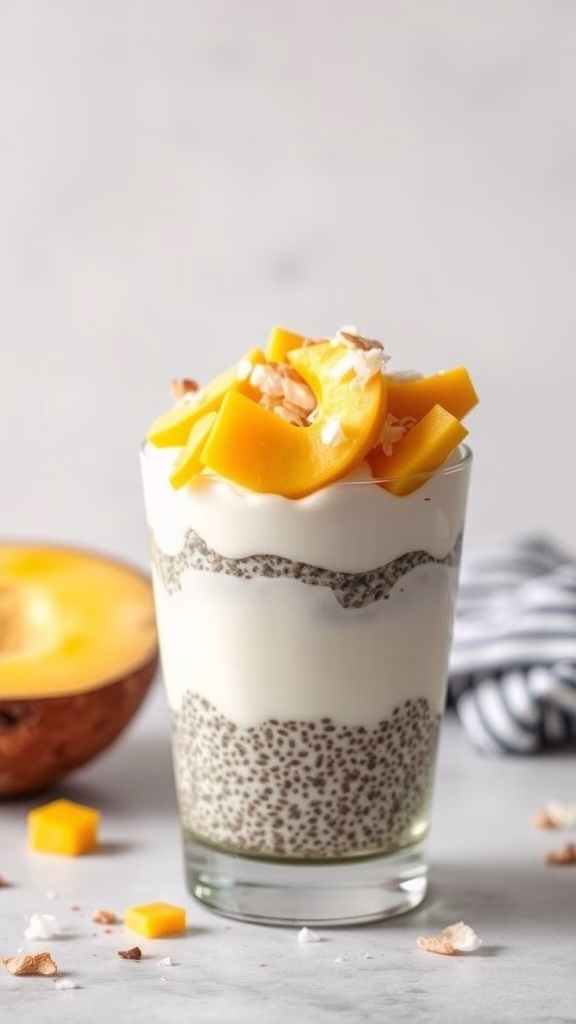 A glass of chia seed pudding topped with fresh mango and coconut