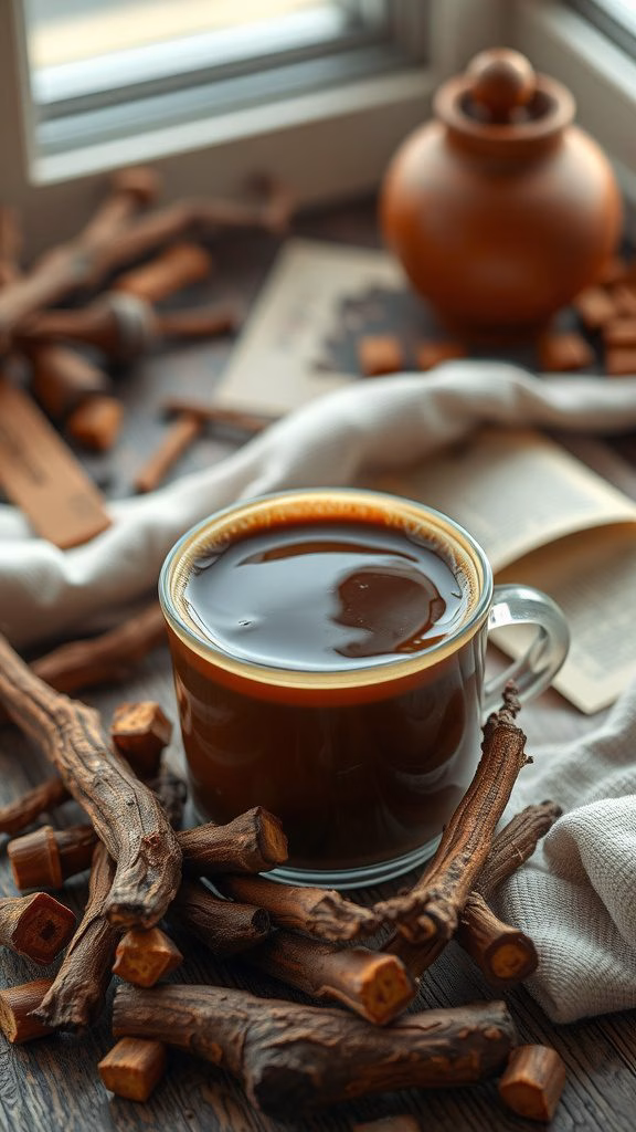 A warm cup of chicory root coffee with chicory sticks