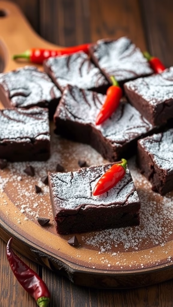 Delicious chili chocolate brownies topped with powdered sugar and small chili peppers