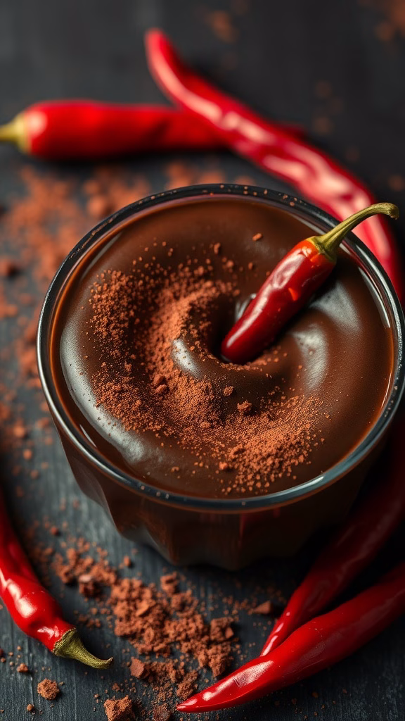 A bowl of chocolate pudding topped with chili powder and a fresh chili pepper, surrounded by red chili peppers.
