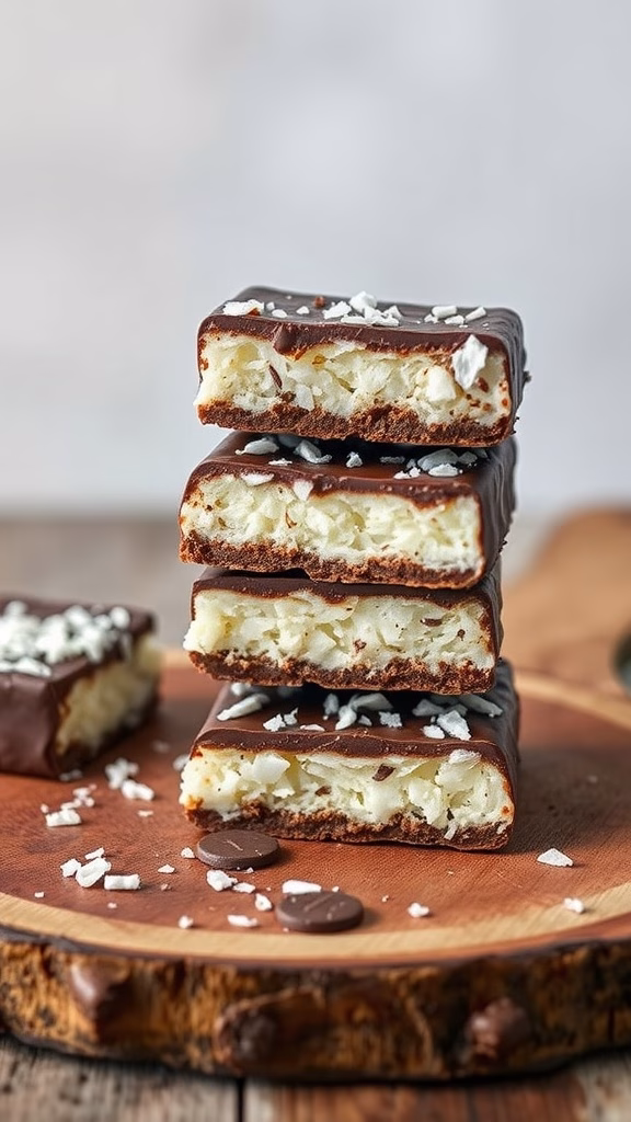 Layered coconut bars covered in chocolate with coconut flakes