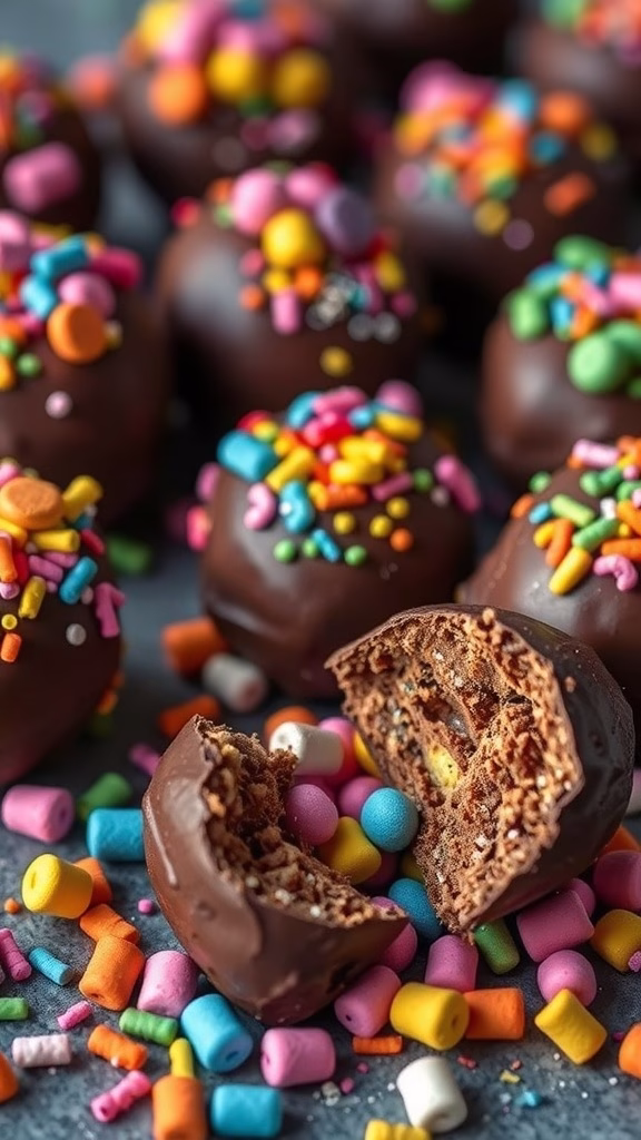 Chocolate-covered truffles with colorful sprinkles and candy