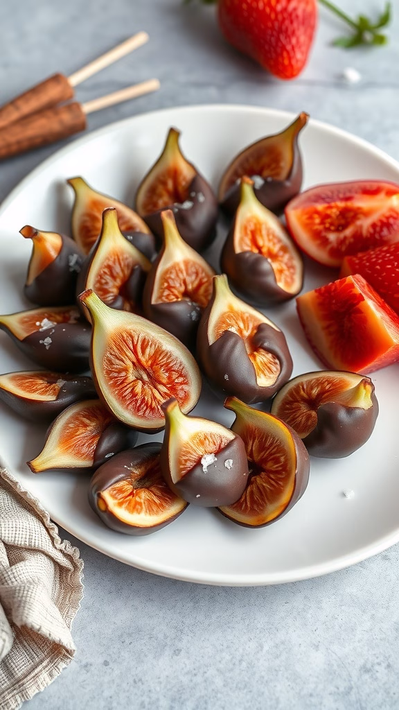 Chocolate-dipped dried figs arranged on a plate with a few fresh strawberries.