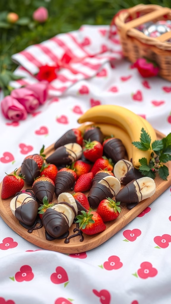 A beautifully arranged platter of chocolate-dipped strawberries and banana slices, perfect for a romantic dessert.
