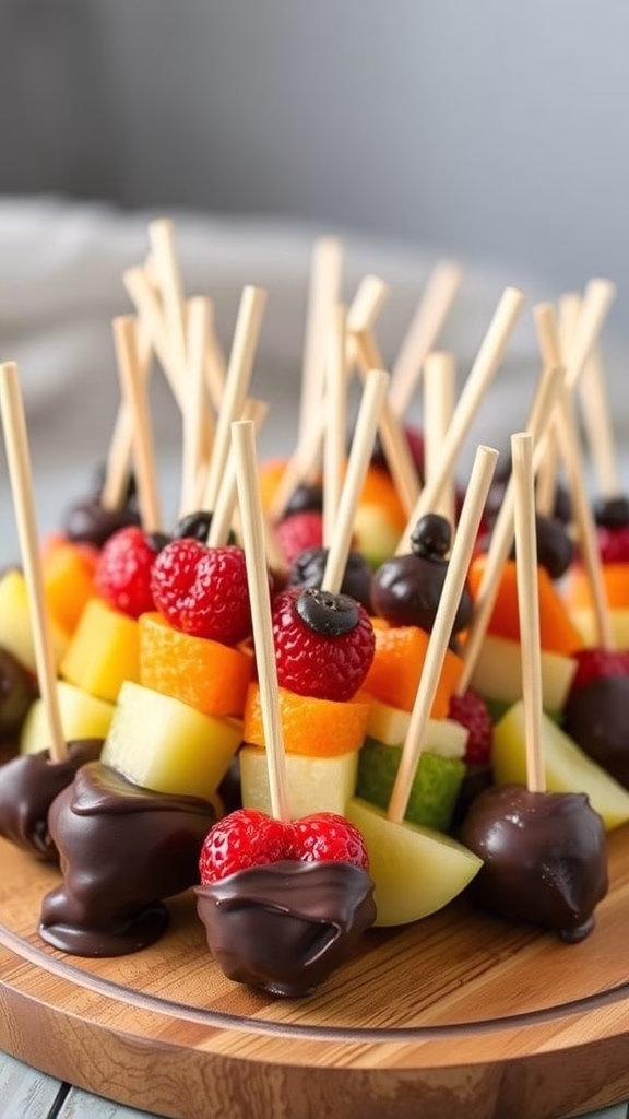 Chocolate-dipped fruit skewers arranged on a wooden platter