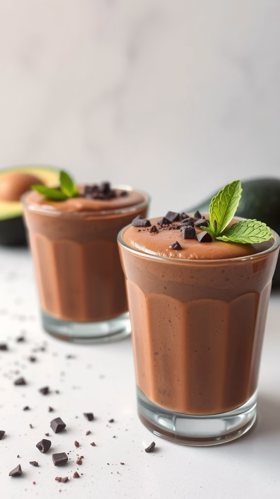 Chocolate avocado mousse served in glasses, garnished with mint and chocolate shavings.
