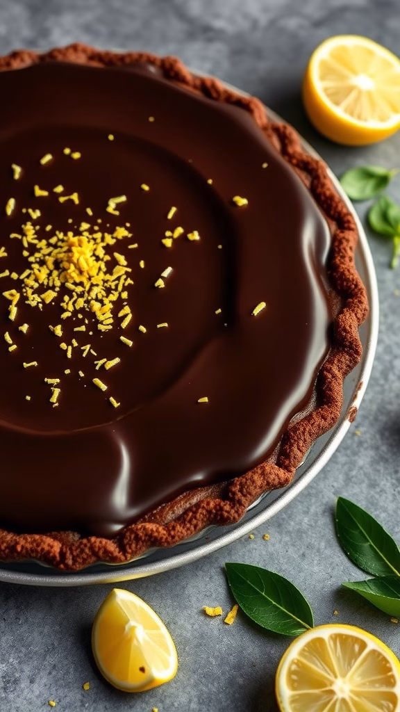 A deliciously rich chocolate calamansi pie with a shiny ganache topping and garnished with calamansi zest.