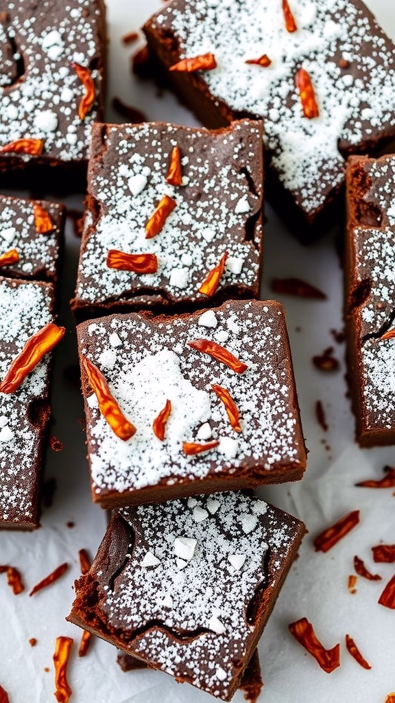 Delicious chocolate chili brownies topped with powdered sugar and chili pieces.