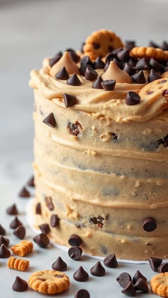 A layered Chocolate Chip Cookie Dough Cake with chocolate chips and cookie dough decoration.