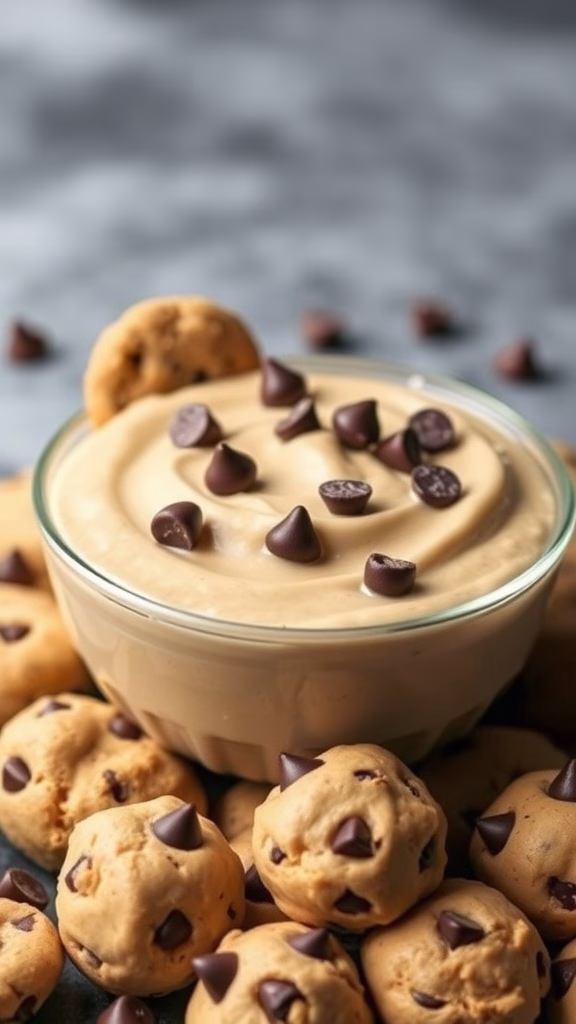 Chocolate chip cookie dough pudding with cookie pieces and chocolate chips on top