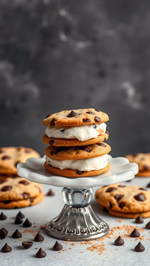 Delicious chocolate chip cookie sandwiches stacked on a decorative stand.
