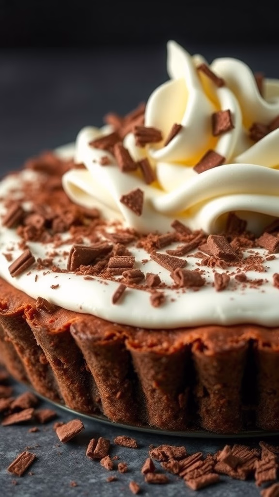 A delicious Chocolate Cream Pie topped with fluffy whipped cream and chocolate shavings, served on a dark surface.