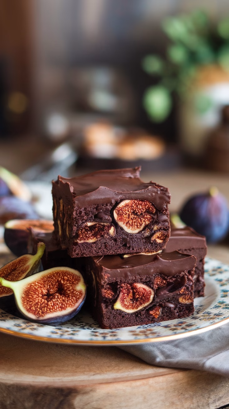 Chocolate brownies with dried figs on a plate