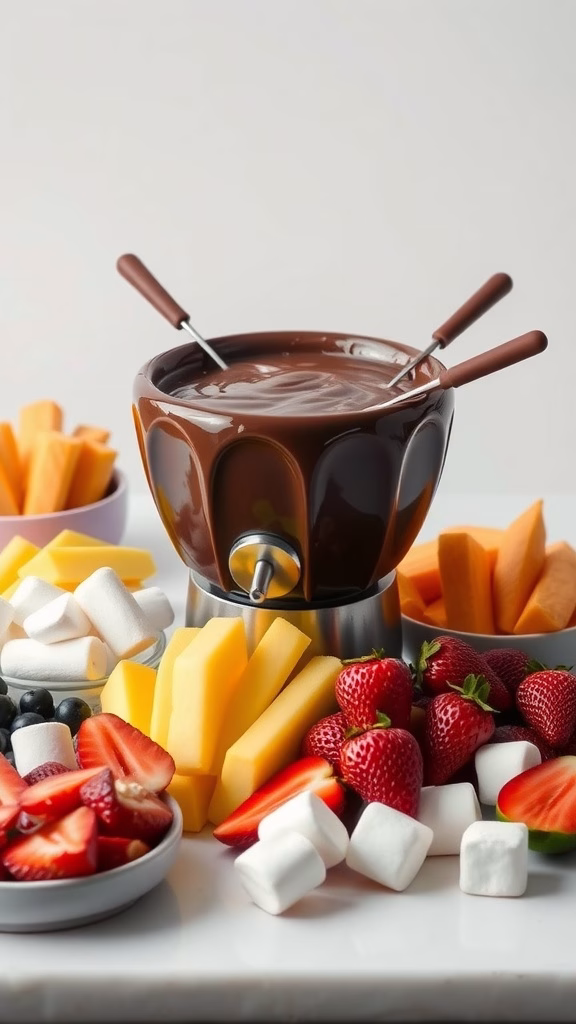 A chocolate fondue station with various fruits and marshmallows for dipping.