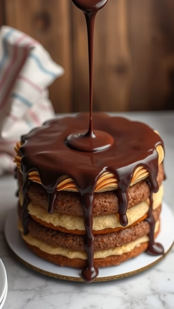 Chocolate ganache dripping over a layered cake