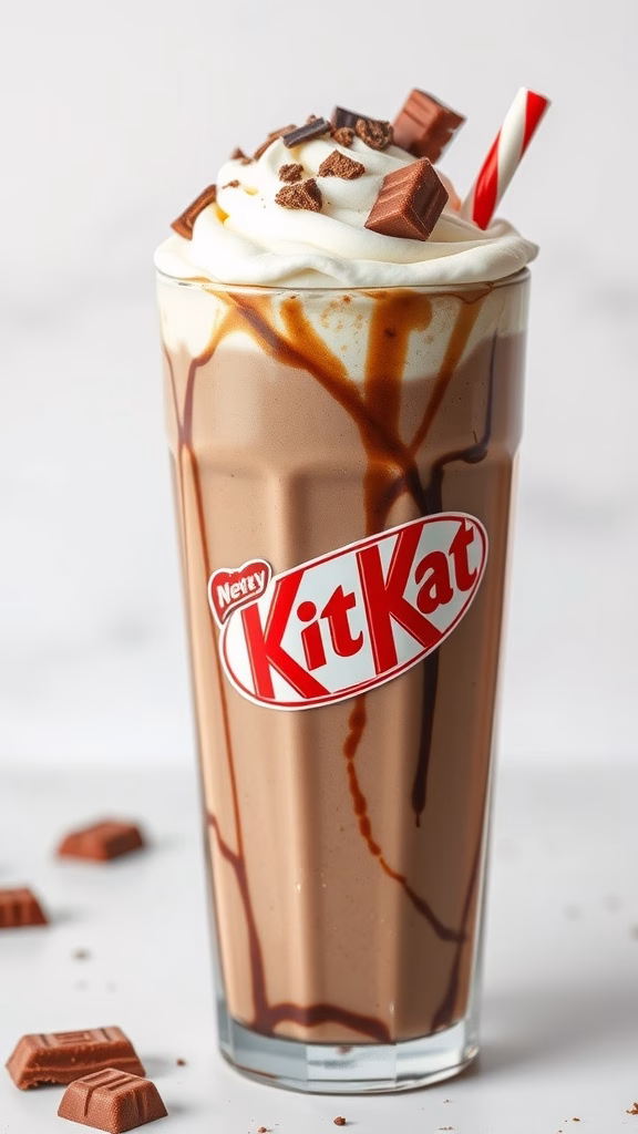 A delicious Chocolate Kit Kat Milkshake topped with whipped cream and Kit Kat pieces.