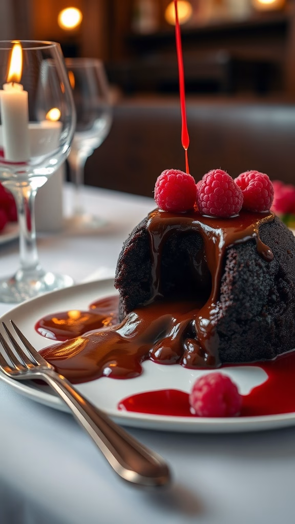 A delicious chocolate lava cake with a gooey center, garnished with fresh raspberries and raspberry sauce.