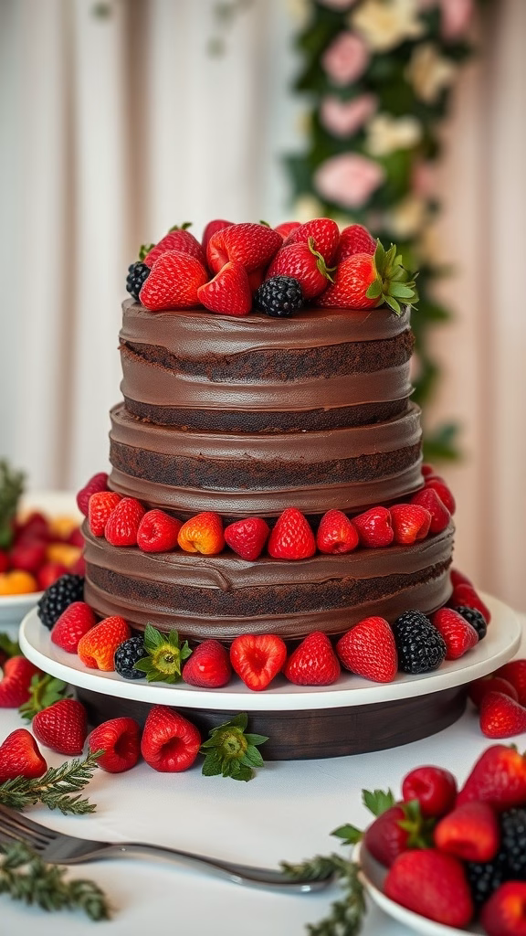 A beautifully decorated chocolate layered cake with fresh berries on top.