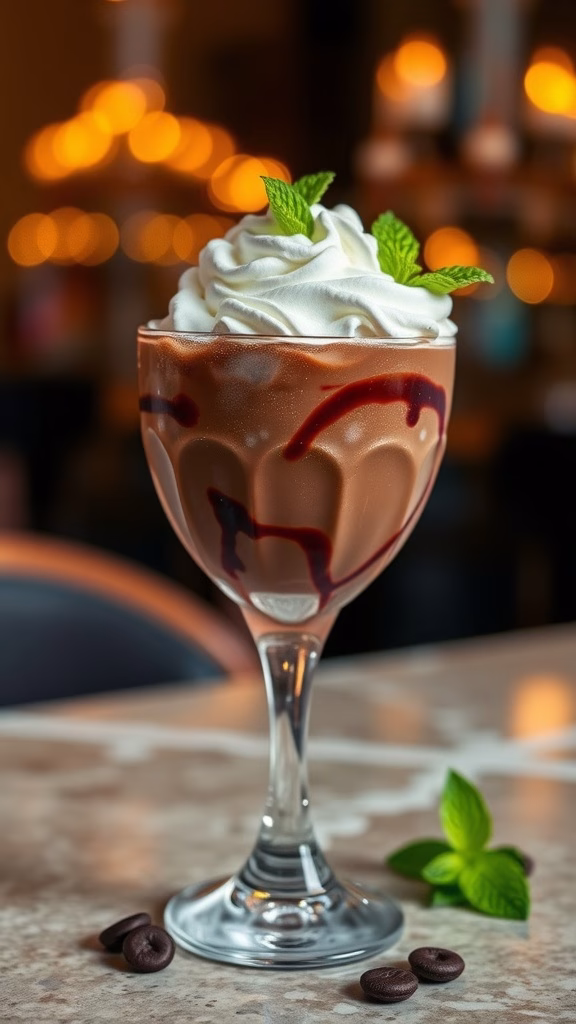 A delicious Chocolate Mint Mocktail topped with whipped cream and mint leaves, perfect for Valentine's Day.