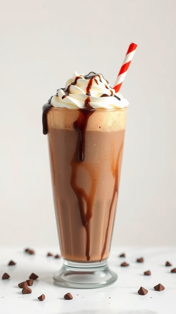 A delicious chocolate mocha milkshake topped with whipped cream and chocolate syrup.