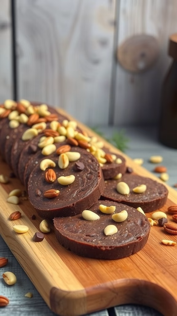 Slices of chocolate salami with nuts on a wooden board.