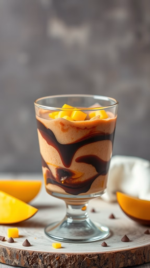A refreshing chocolate swirl mango mousse dessert in a glass with mango pieces