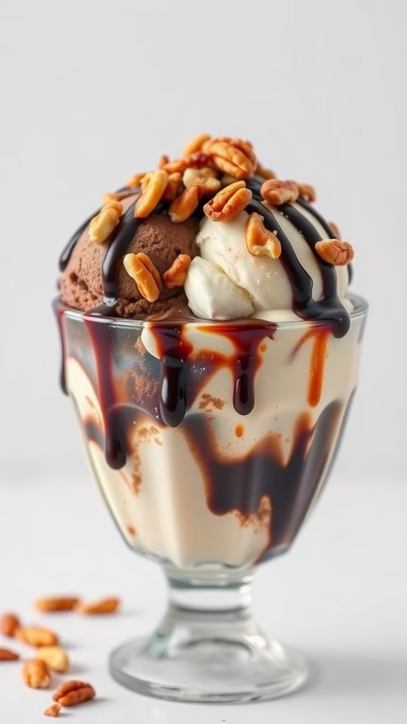 A delicious chocolate vanilla ice cream sundae topped with nuts and chocolate syrup.