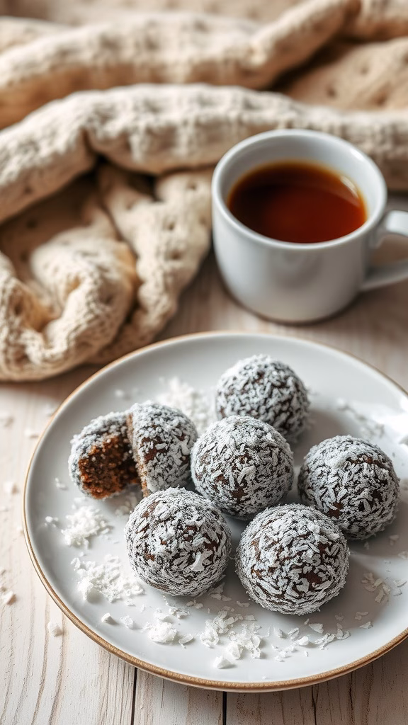 Delicious chocolate balls coated in coconut flakes on a white plate.